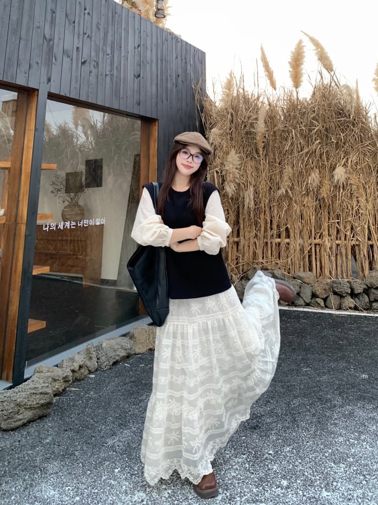 빅 사이즈 여성 의류 지방 mm 사실 두 조각 긴팔 패치워크 여성 드레스 가을 루즈핏 무거운 작업 롱 스커트 디자인 센스 치마 상세 이미지 7