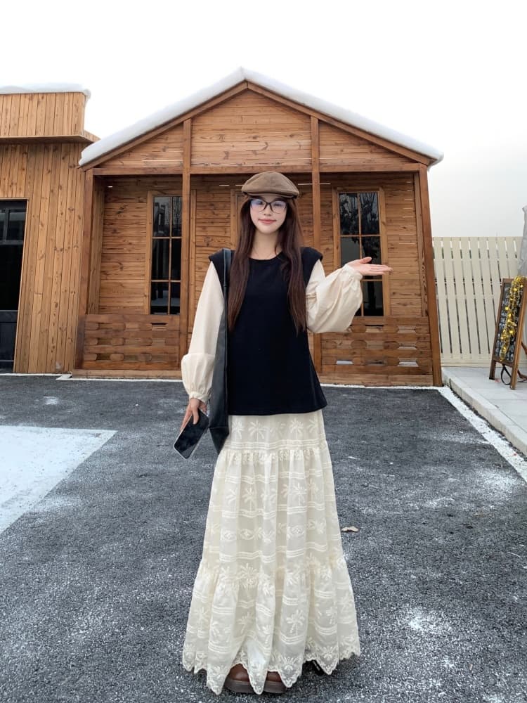 빅 사이즈 여성 의류 지방 mm 사실 두 조각 긴팔 패치워크 여성 드레스 가을 루즈핏 무거운 작업 롱 스커트 디자인 센스 치마 상세 이미지 10