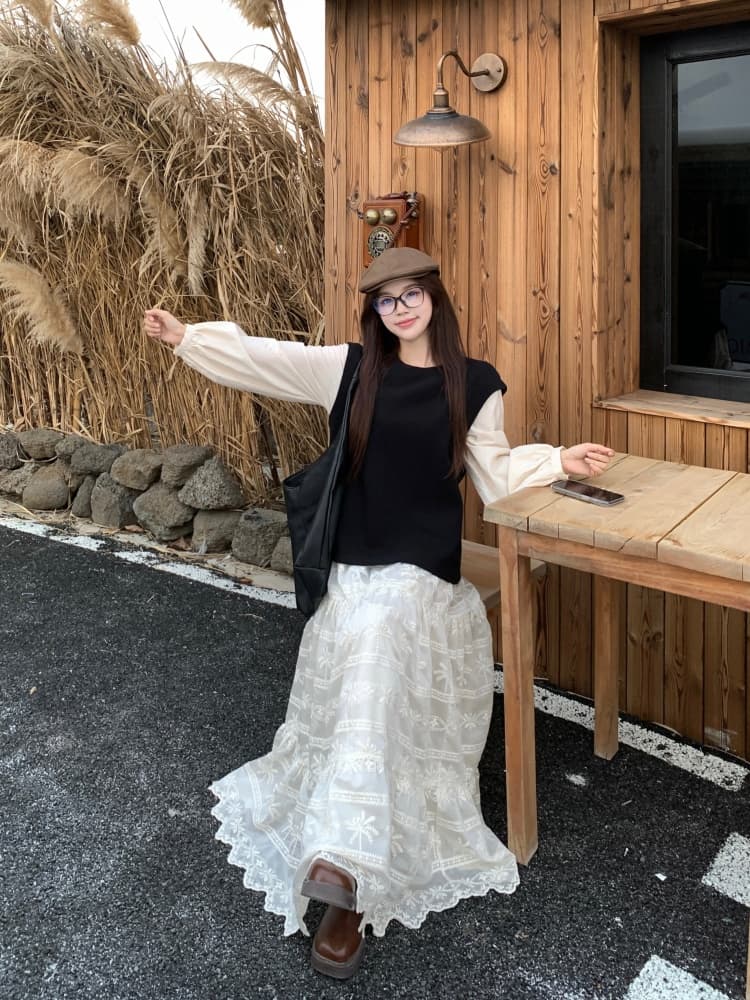 빅 사이즈 여성 의류 지방 mm 사실 두 조각 긴팔 패치워크 여성 드레스 가을 루즈핏 무거운 작업 롱 스커트 디자인 센스 치마 상세 이미지 17