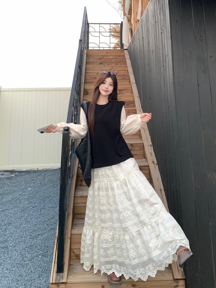 빅 사이즈 여성 의류 지방 mm 사실 두 조각 긴팔 패치워크 여성 드레스 가을 루즈핏 무거운 작업 롱 스커트 디자인 센스 치마 상세 이미지 19