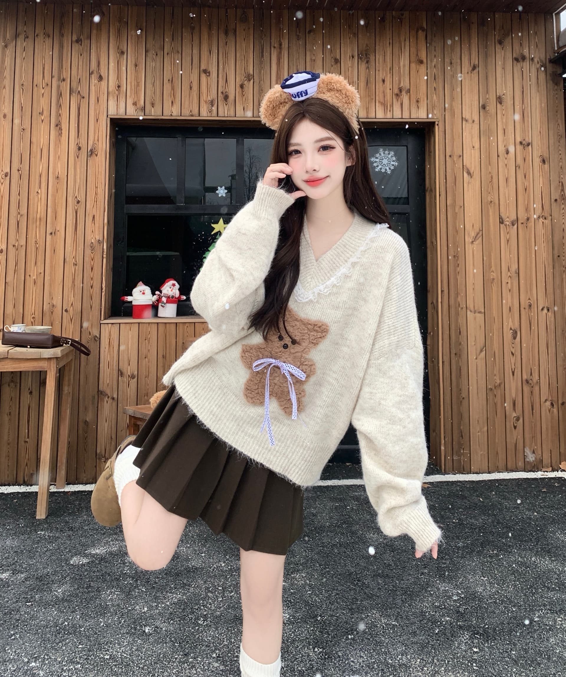 빅 사이즈 여성 의류 지방 mm 슬림해 보이는 모방 fall 털 만화 작은 곰 스웨터 코트 니트 스웨터 레이스 반신 치마 세트 이미지 2