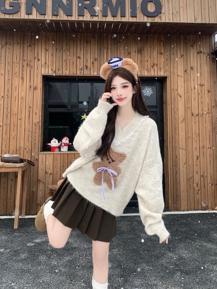 빅 사이즈 여성 의류 지방 mm 슬림해 보이는 모방 fall 털 만화 작은 곰 스웨터 코트 니트 스웨터 레이스 반신 치마 세트 상세 이미지 6