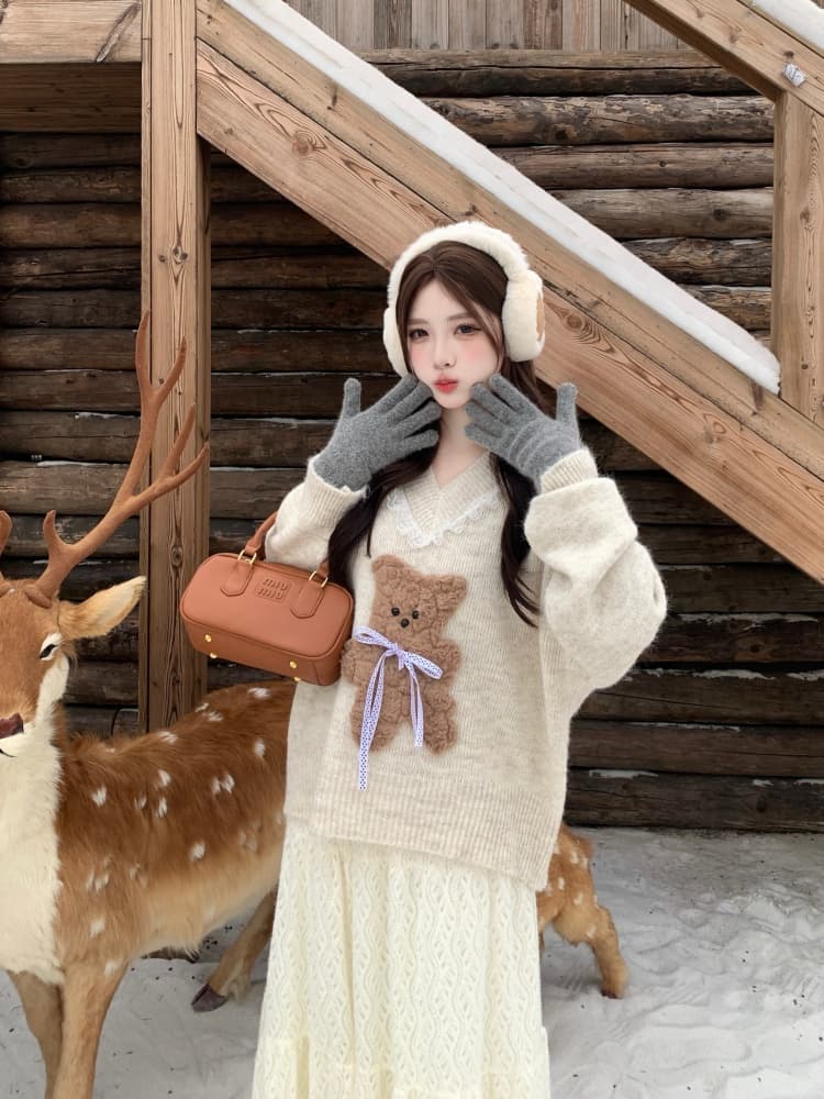 빅 사이즈 여성 의류 지방 mm 슬림해 보이는 모방 fall 털 만화 작은 곰 스웨터 코트 니트 스웨터 레이스 반신 치마 세트 상세 이미지 18