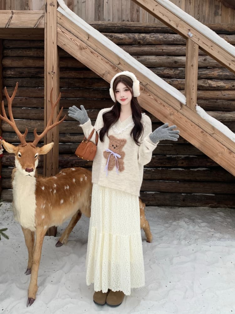 빅 사이즈 여성 의류 지방 mm 슬림해 보이는 모방 fall 털 만화 작은 곰 스웨터 코트 니트 스웨터 레이스 반신 치마 세트 상세 이미지 20