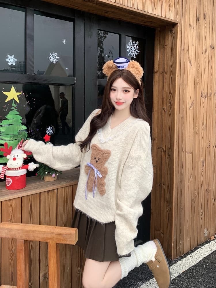 빅 사이즈 여성 의류 지방 mm 슬림해 보이는 모방 fall 털 만화 작은 곰 스웨터 코트 니트 스웨터 레이스 반신 치마 세트 상세 이미지 23