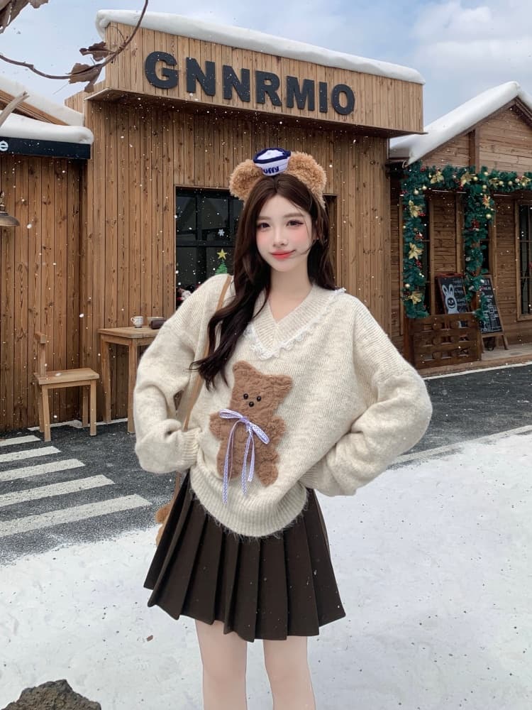 빅 사이즈 여성 의류 지방 mm 슬림해 보이는 모방 fall 털 만화 작은 곰 스웨터 코트 니트 스웨터 레이스 반신 치마 세트 상세 이미지 24