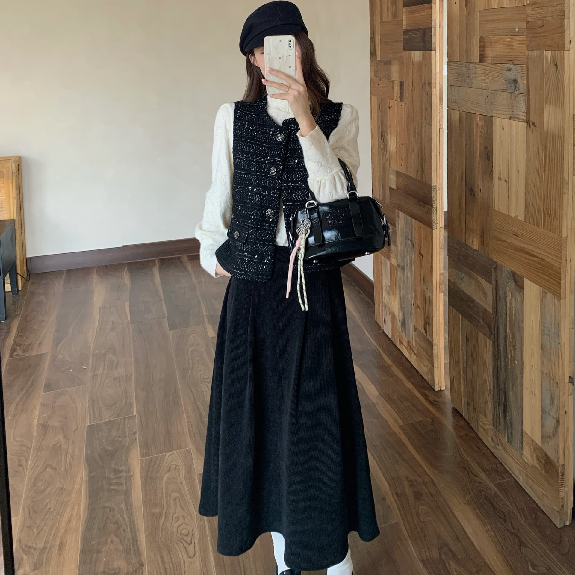 빅 사이즈 여성 의류 작은 샤넬 스타일 구슬 조각 자수 무거운 작업 베스트 재킷 레이스 맨위 코듀로이 반신 스커트 3종 세트 이미지 5