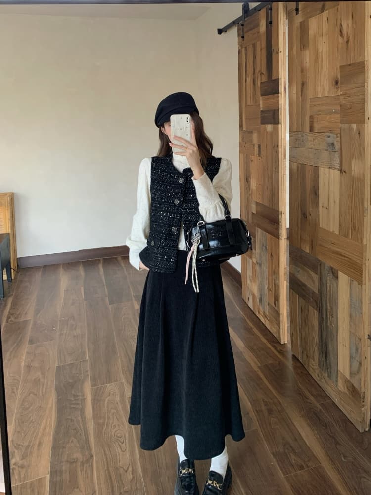빅 사이즈 여성 의류 작은 샤넬 스타일 구슬 조각 자수 무거운 작업 베스트 재킷 레이스 맨위 코듀로이 반신 스커트 3종 세트 상세 이미지 7