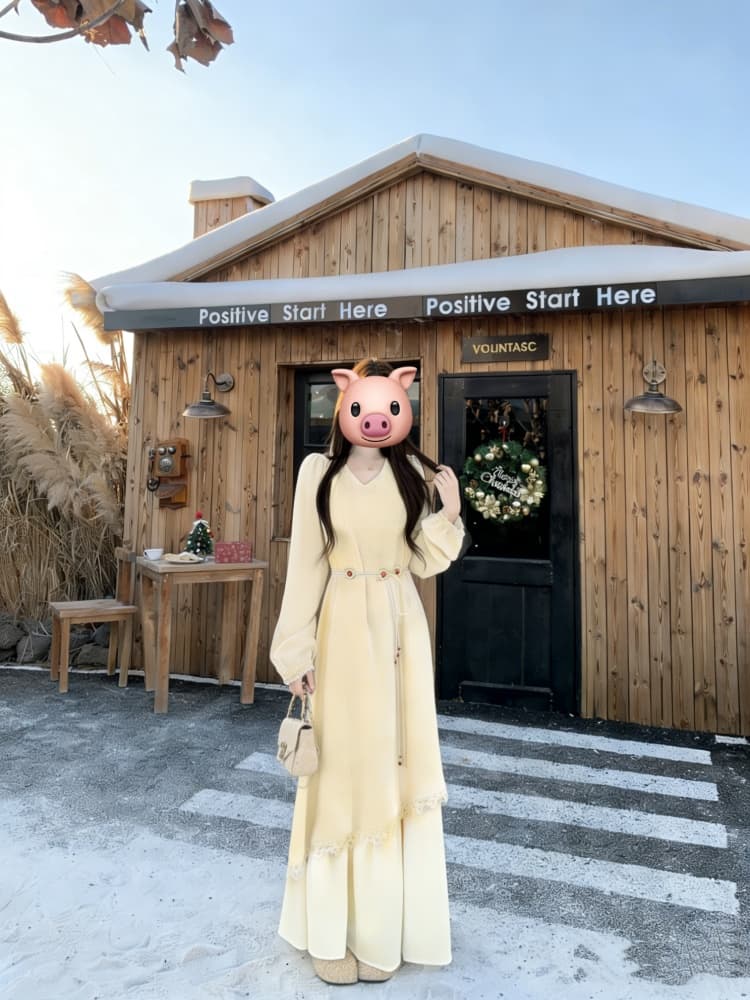 빅 사이즈 프랑스식 부드러운 바람 긴팔 드레스 여성 의류 가을 겨울 페이크 레이어드 치마 지방 mm 표지 배 슬림해 보이는 A라인 스커트 상세 이미지 4