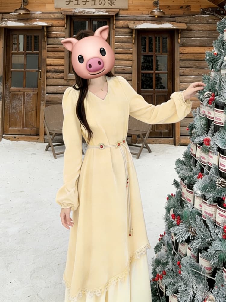 빅 사이즈 프랑스식 부드러운 바람 긴팔 드레스 여성 의류 가을 겨울 페이크 레이어드 치마 지방 mm 표지 배 슬림해 보이는 A라인 스커트 상세 이미지 6