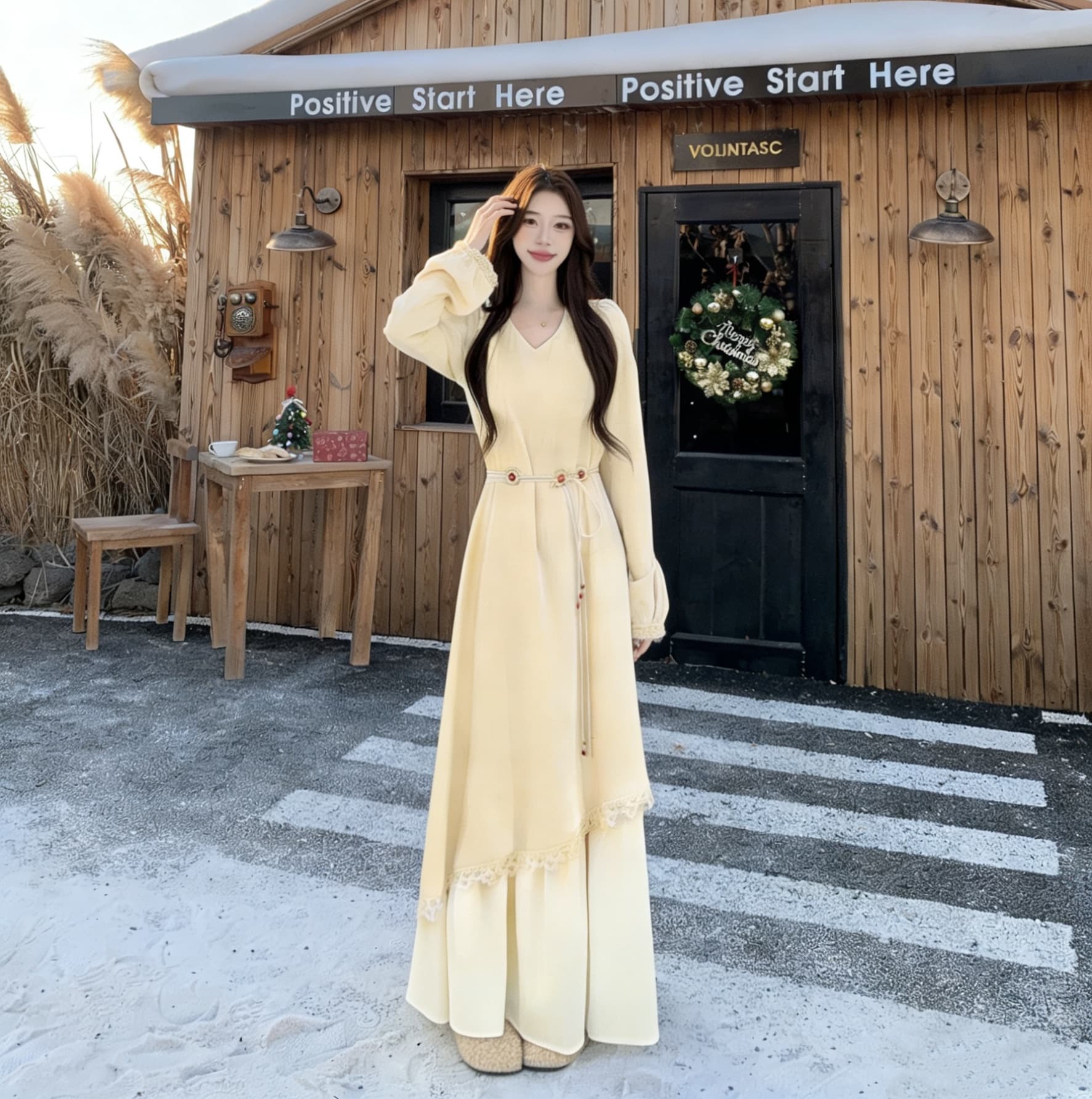 빅 사이즈 프랑스식 부드러운 바람 긴팔 드레스 여성 의류 가을 겨울 페이크 레이어드 치마 지방 mm 표지 배 슬림해 보이는 A라인 스커트