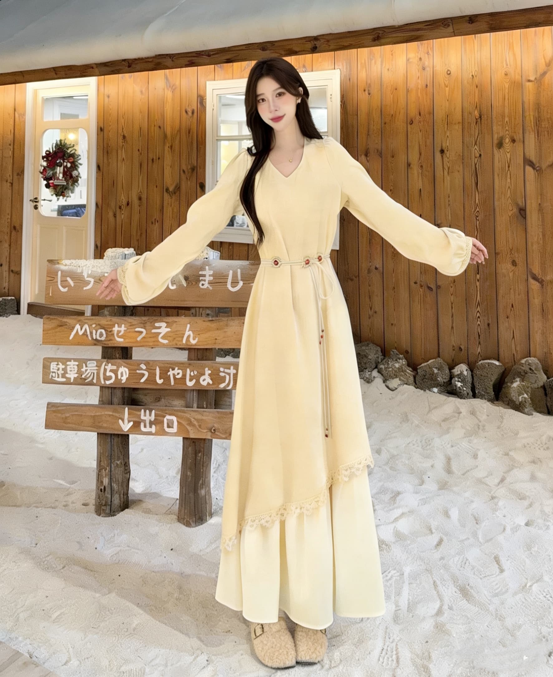 빅 사이즈 프랑스식 부드러운 바람 긴팔 드레스 여성 의류 가을 겨울 페이크 레이어드 치마 지방 mm 표지 배 슬림해 보이는 A라인 스커트 이미지 2