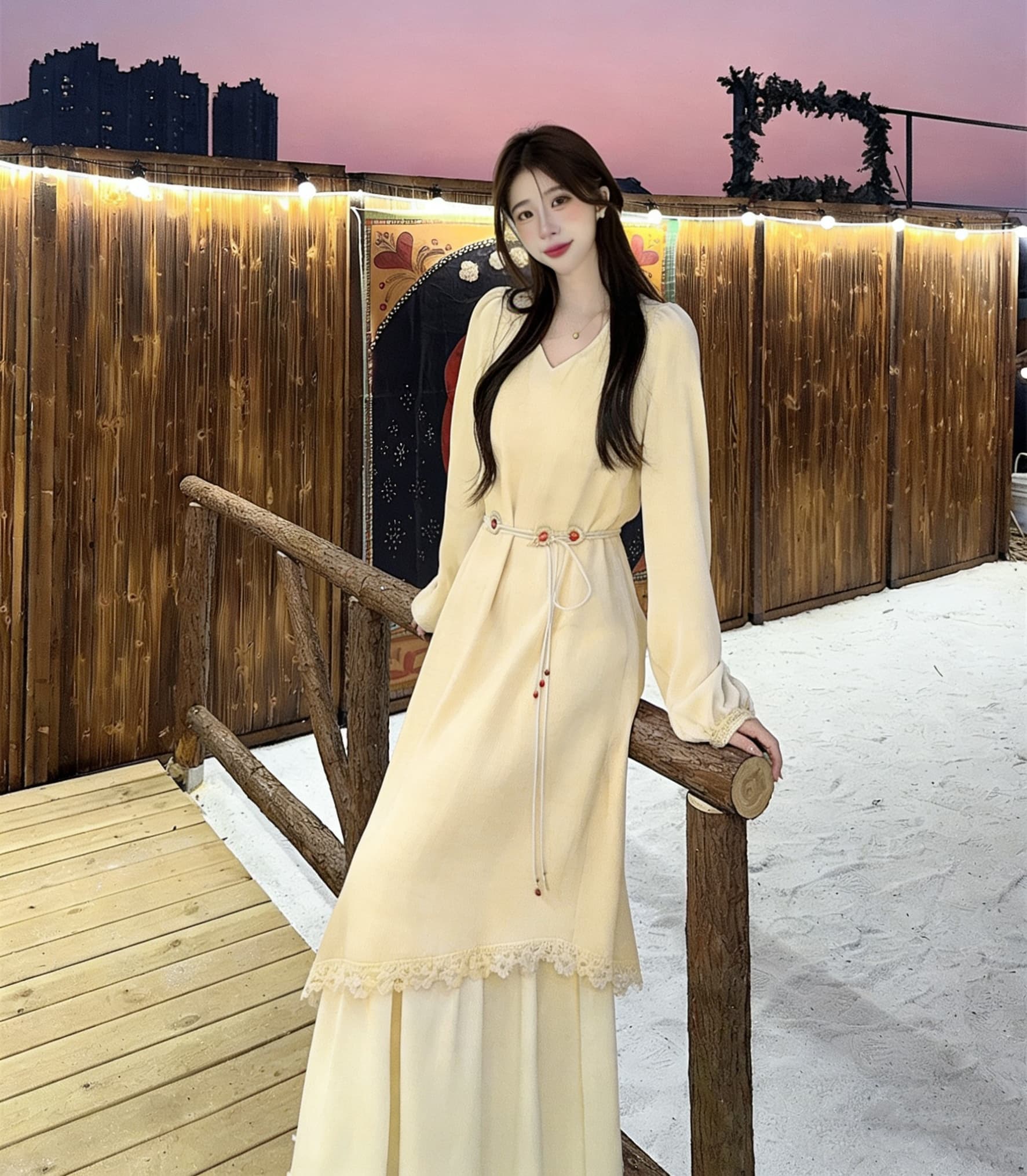 빅 사이즈 프랑스식 부드러운 바람 긴팔 드레스 여성 의류 가을 겨울 페이크 레이어드 치마 지방 mm 표지 배 슬림해 보이는 A라인 스커트 이미지 3