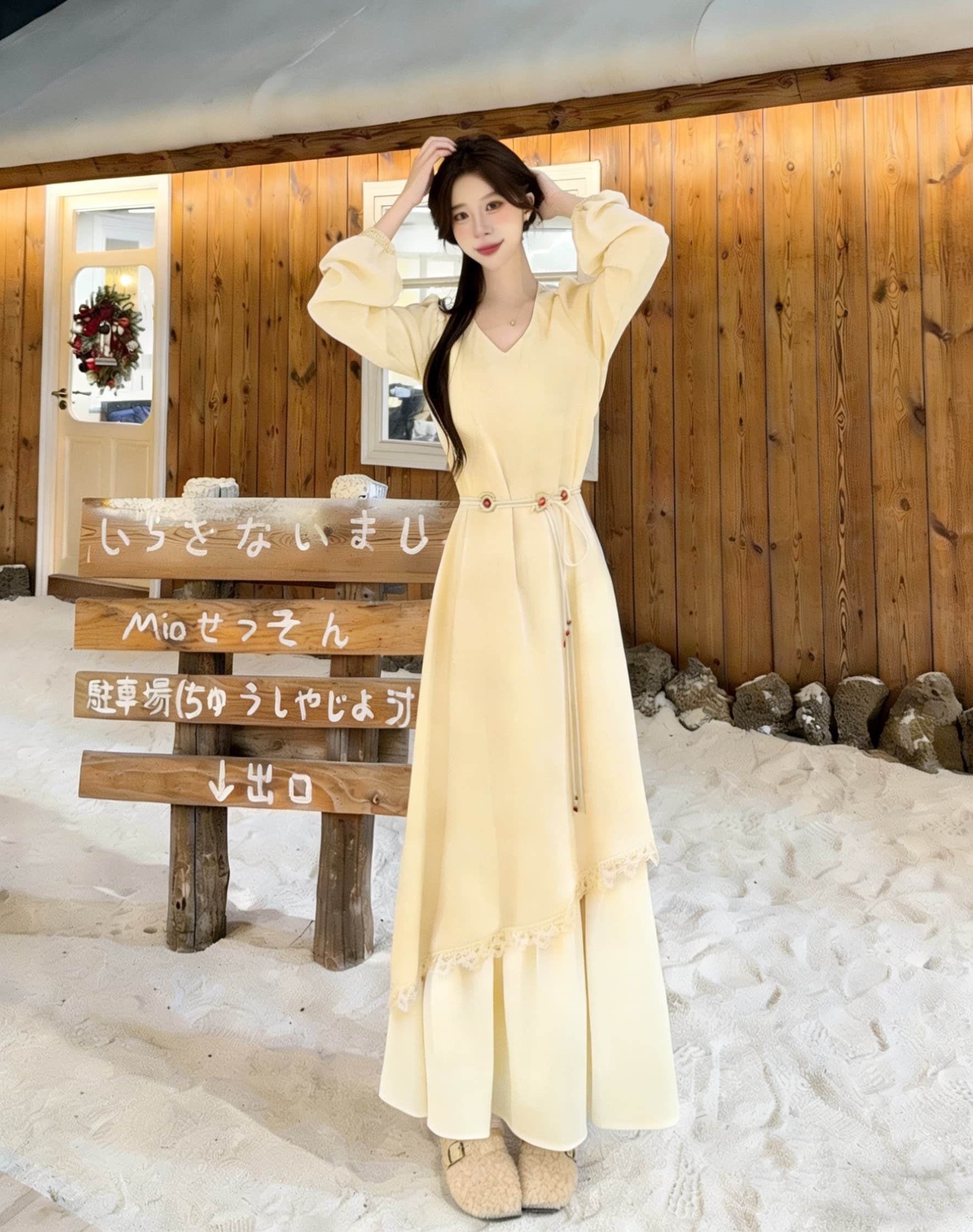 빅 사이즈 프랑스식 부드러운 바람 긴팔 드레스 여성 의류 가을 겨울 페이크 레이어드 치마 지방 mm 표지 배 슬림해 보이는 A라인 스커트 이미지 4