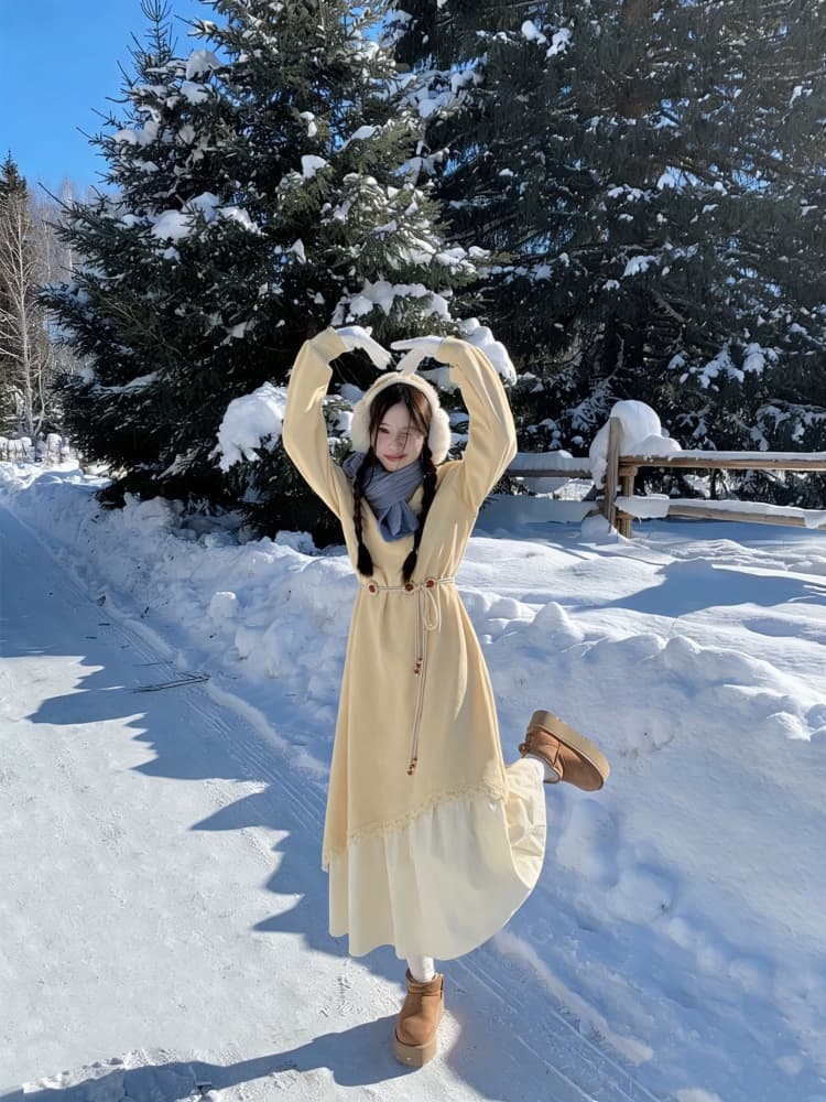 페이크 레이어드 황색 V넥 긍정적 인 어깨 긴팔 드레스 2026 가을 겨울 새로운 빅 사이즈 지방 mm 비즈 허리 수축 치마 상세 이미지 6