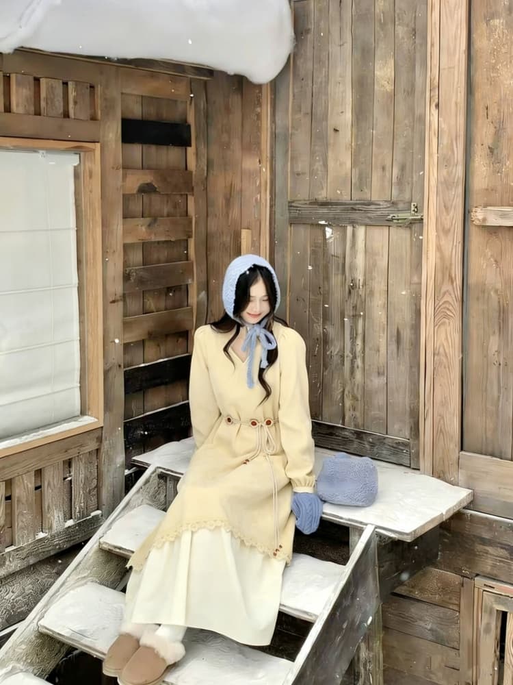 페이크 레이어드 황색 V넥 긍정적 인 어깨 긴팔 드레스 2026 가을 겨울 새로운 빅 사이즈 지방 mm 비즈 허리 수축 치마 상세 이미지 9