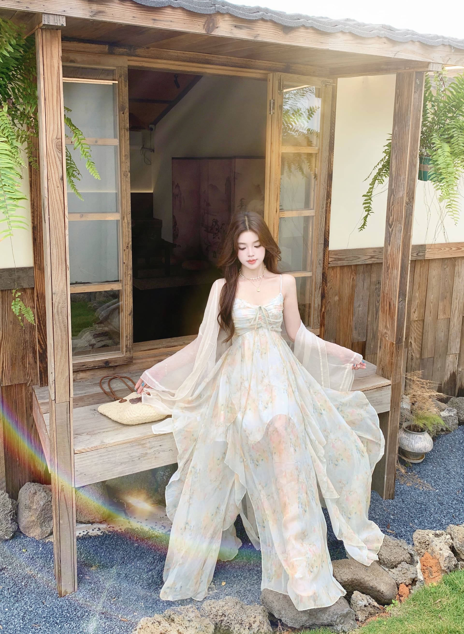 빅 사이즈 여성 의류 휴가 바람 달콤함 프릴 유화 슬립 드레스 드레스 롱 스커트 여성 얇은 오픈 가디건 투피스 세트 이미지 2