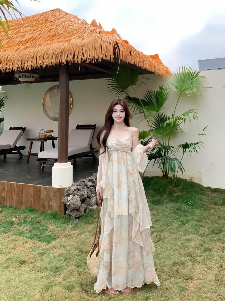 빅 사이즈 여성 의류 휴가 바람 달콤함 프릴 유화 슬립 드레스 드레스 롱 스커트 여성 얇은 오픈 가디건 투피스 세트 상세 이미지 8