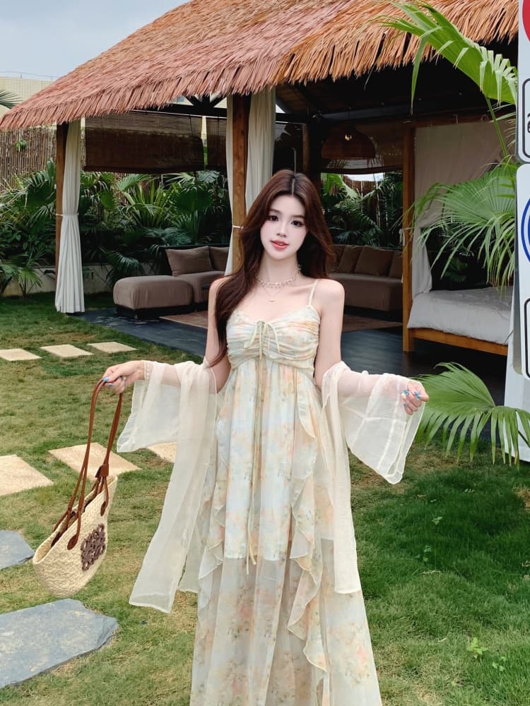 빅 사이즈 여성 의류 휴가 바람 달콤함 프릴 유화 슬립 드레스 드레스 롱 스커트 여성 얇은 오픈 가디건 투피스 세트 상세 이미지 12