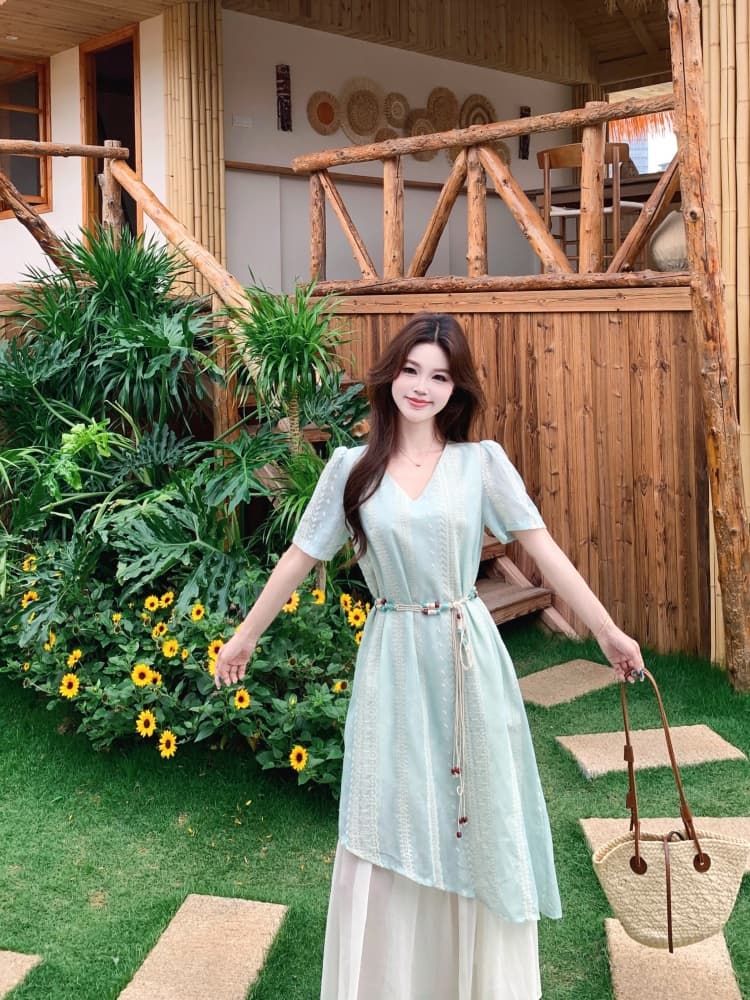 빅 사이즈 여성 의류 작은 대중 디자인 센스 페이크 레이어드 허리 수축 드레스 2026 여름 새로운 보헤미안 바람 롱 스커트 상세 이미지 11