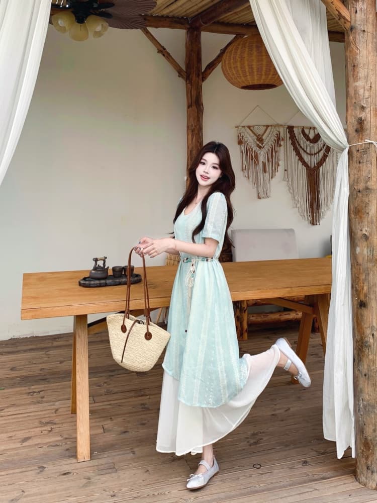 빅 사이즈 여성 의류 작은 대중 디자인 센스 페이크 레이어드 허리 수축 드레스 2026 여름 새로운 보헤미안 바람 롱 스커트 상세 이미지 13