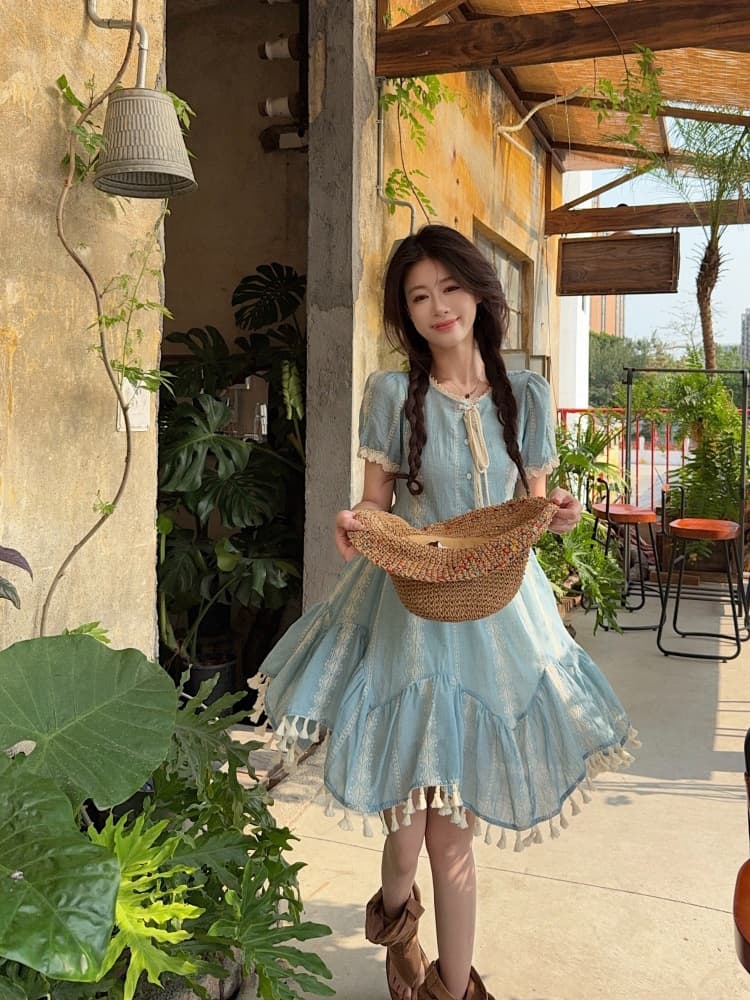 실사 빅 사이즈 여성 의류 이름 가족 바람 파란색 자수 원단 반팔 드레스 여름 레트로 술 허리 수축 치마 상세 이미지 11