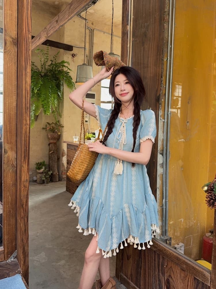 실사 빅 사이즈 여성 의류 이름 가족 바람 파란색 자수 원단 반팔 드레스 여름 레트로 술 허리 수축 치마 상세 이미지 13