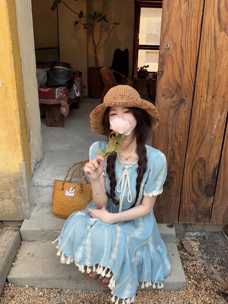 실사 빅 사이즈 여성 의류 이름 가족 바람 파란색 자수 원단 반팔 드레스 여름 레트로 술 허리 수축 치마 상세 이미지 14