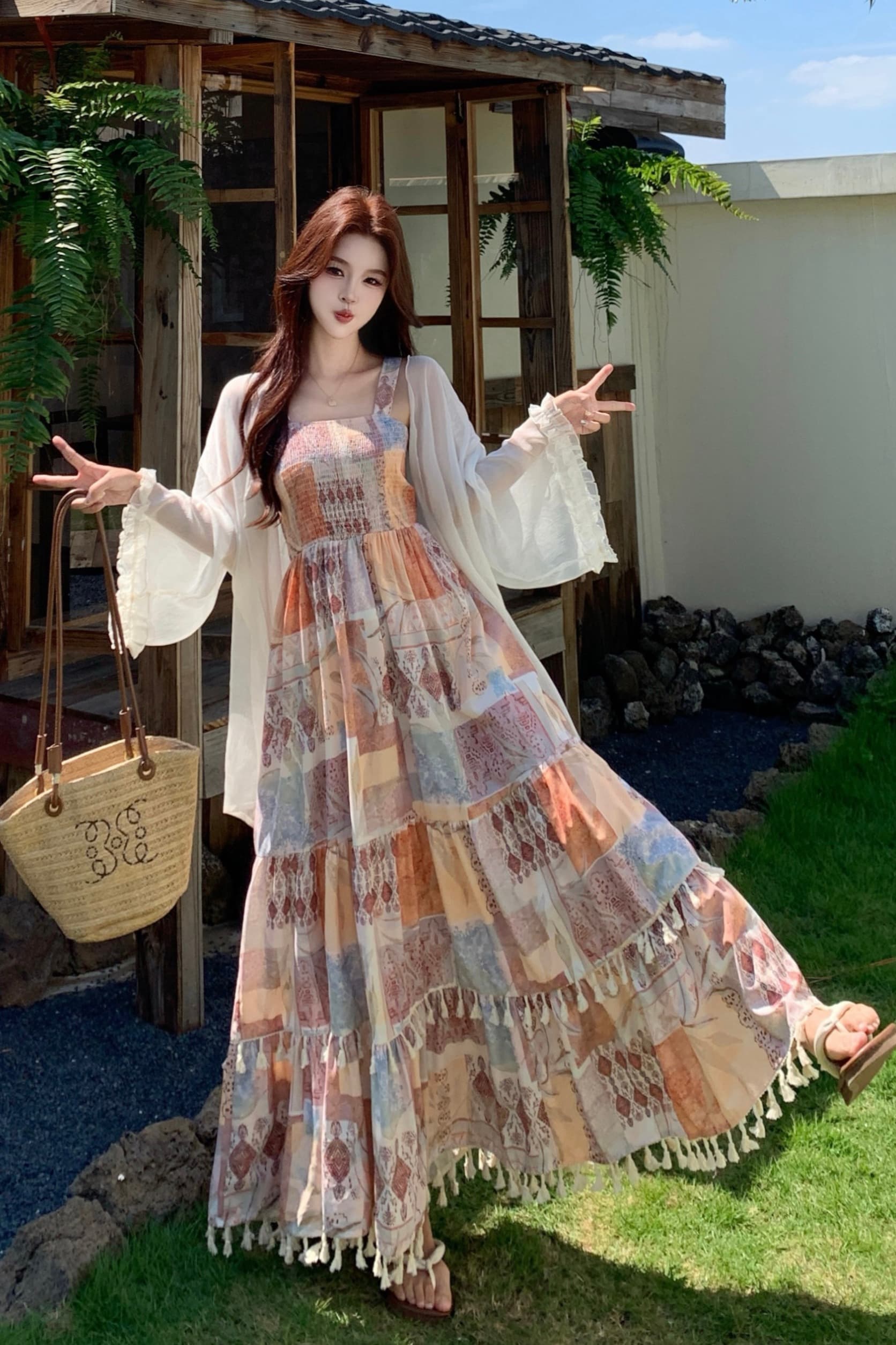 보헤미안 여성 드레스 2026 여름 새로운 레트로 품격 휴가 바람 오픈 가디건 슬립 롱 스커트 투피스 세트 이미지 6