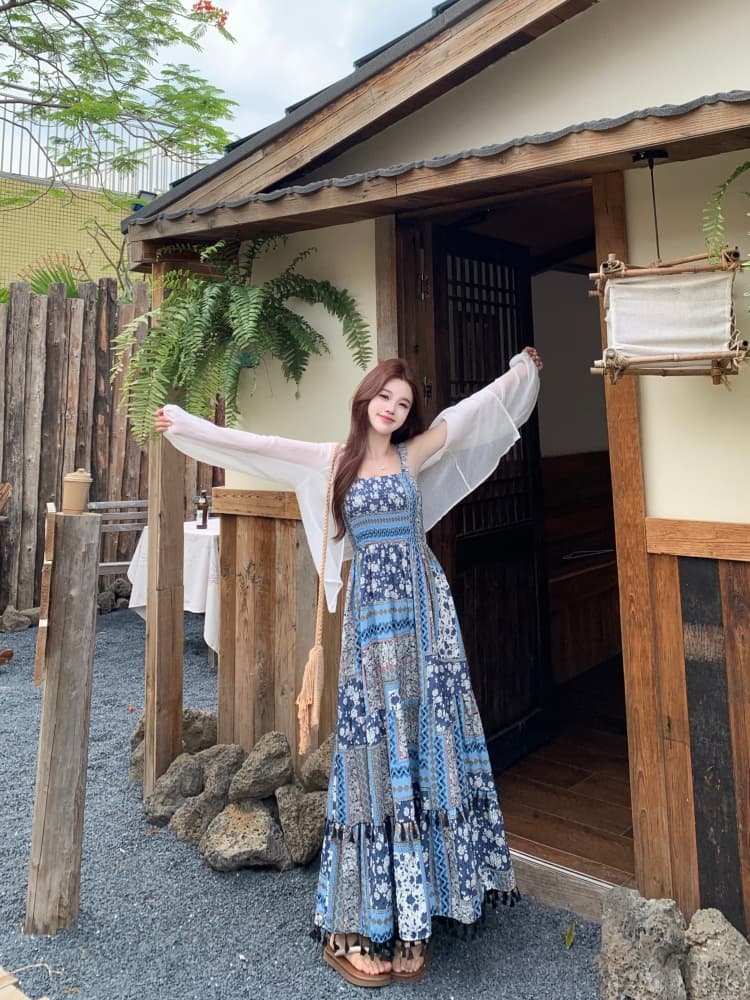 레트로 품격 꽃무늬 슬립 드레스 빅 사이즈 지방 mm 루즈핏 보헤미안 민족 스타일 롱 스커트 오픈 가디건 세트 상세 이미지 2