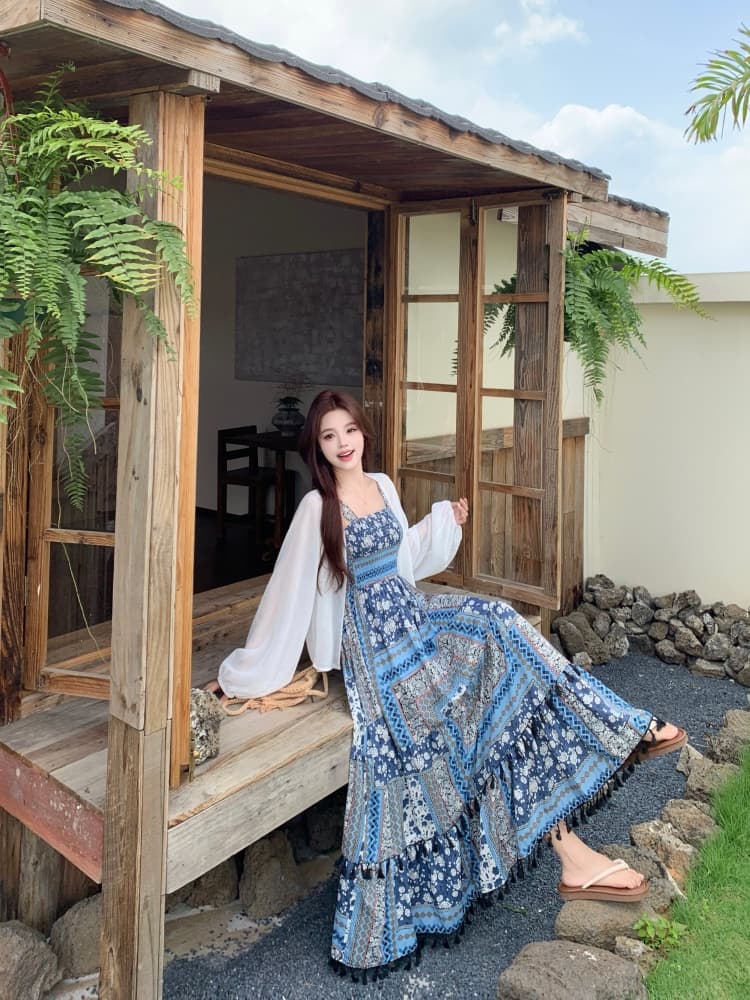 레트로 품격 꽃무늬 슬립 드레스 빅 사이즈 지방 mm 루즈핏 보헤미안 민족 스타일 롱 스커트 오픈 가디건 세트 상세 이미지 10
