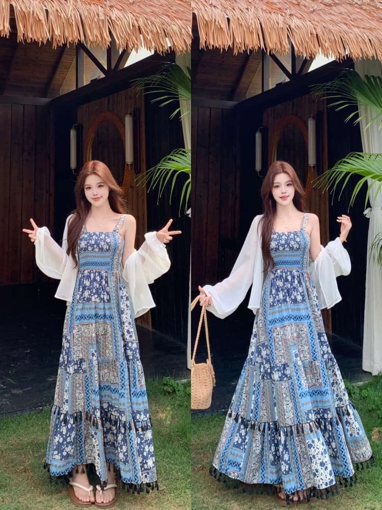 레트로 품격 꽃무늬 슬립 드레스 빅 사이즈 지방 mm 루즈핏 보헤미안 민족 스타일 롱 스커트 오픈 가디건 세트 상세 이미지 19
