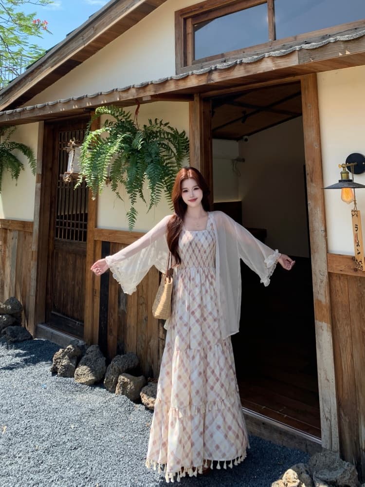 빅 사이즈 지방 mm 2026 여름 새로운 허리 수축 프린트 꽃무늬 슬립 드레스 프릴 숄 두 조각 여성 세트 상세 이미지 16