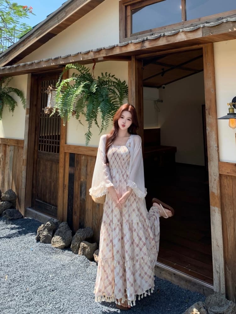 빅 사이즈 지방 mm 2026 여름 새로운 허리 수축 프린트 꽃무늬 슬립 드레스 프릴 숄 두 조각 여성 세트 상세 이미지 17