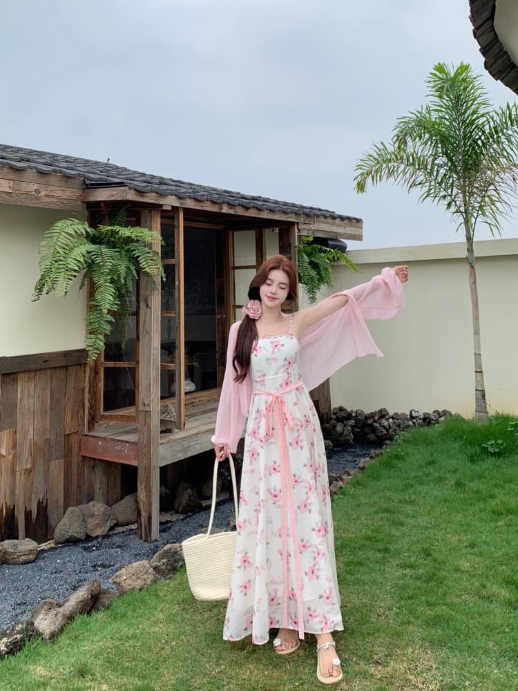 실사 빅 사이즈 여성 의류 슈퍼 화재 세트 여성 부드러운 바람 연령 감소 슬림해 보이는 오픈 가디건 꽃무늬 슬립 드레스 투피스 세트 상세 이미지 13