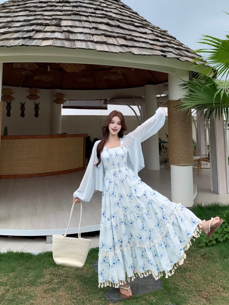 실사 빅 사이즈 여성 의류 프랑스식 품격 하이웨이스트 프린트 슬립 드레스 여름 얇은 오픈 가디건 꽃무늬 점프 슈트 치마 세트 상세 이미지 5