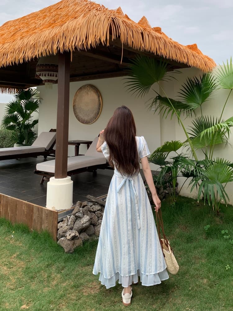 빅 사이즈 프랑스식 달콤함 첫사랑 체크무늬 반팔 여성 드레스 여름 지방 mm 표지 배 슬림해 보이는 한 마디 중간 길이 스커트 상세 이미지 13
