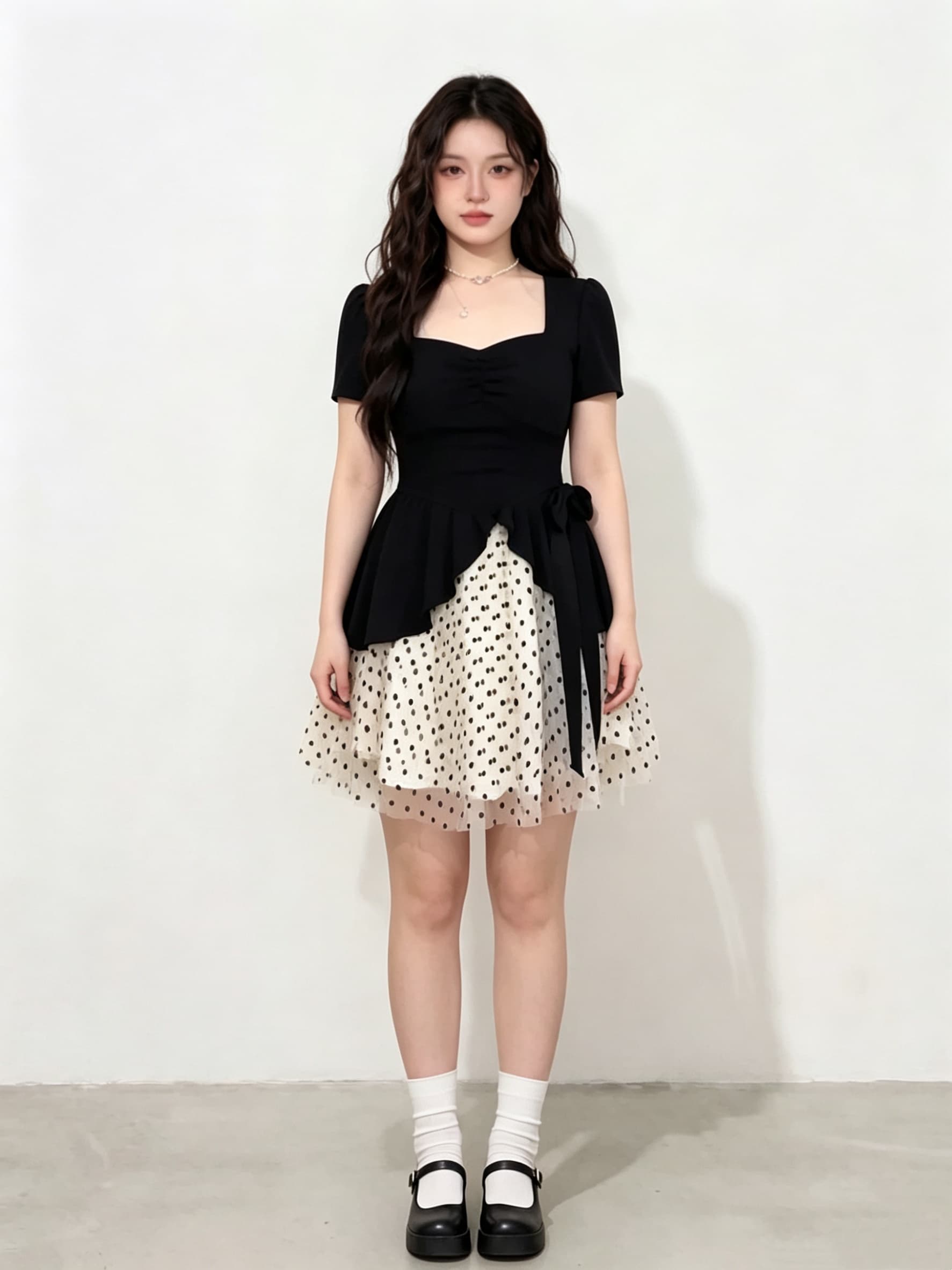 빅 사이즈 프랑스식 그는 벤 바람 드레스 여름 지방 mm 슬림해 보이는 페이크 레이어드 광장 칼라 고급 센스 도트 무늬 패치워크 치마 이미지 2