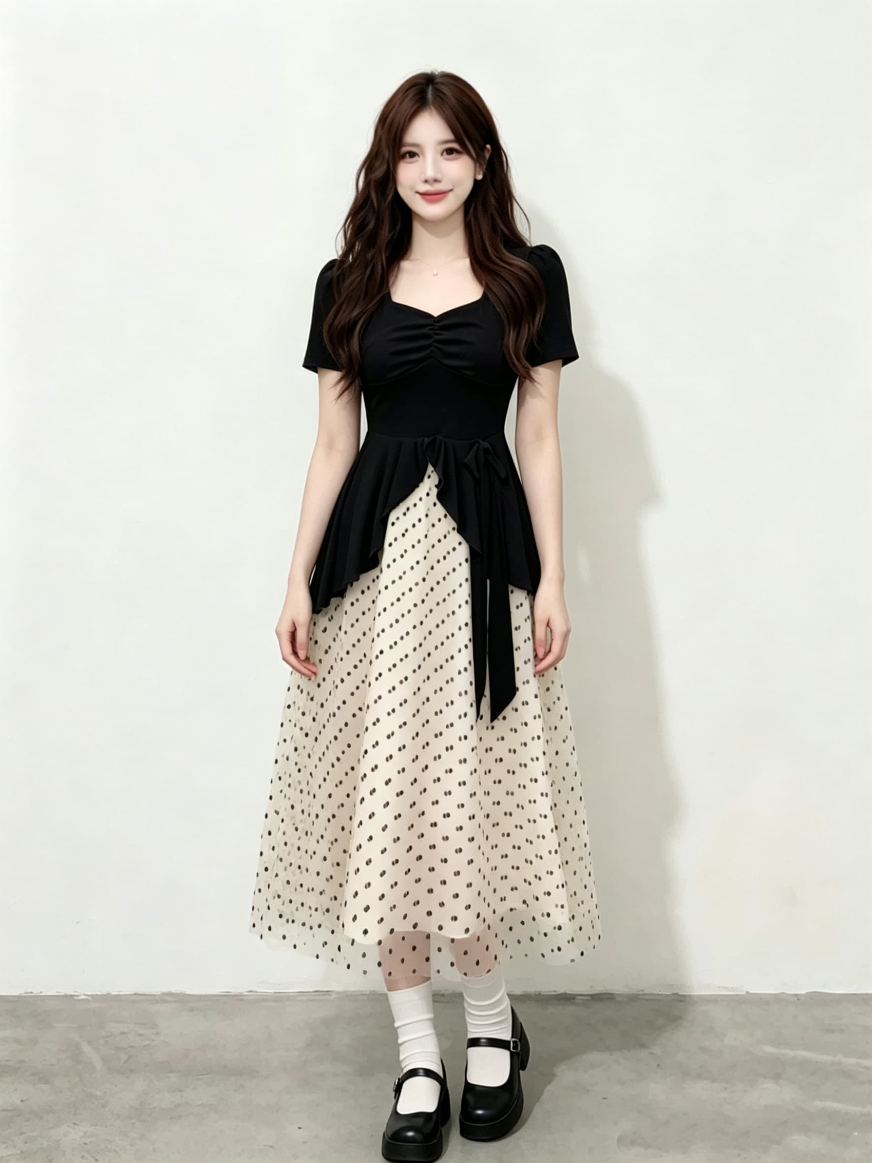 빅 사이즈 프랑스식 그는 벤 바람 드레스 여름 지방 mm 슬림해 보이는 페이크 레이어드 광장 칼라 고급 센스 도트 무늬 패치워크 치마 이미지 3