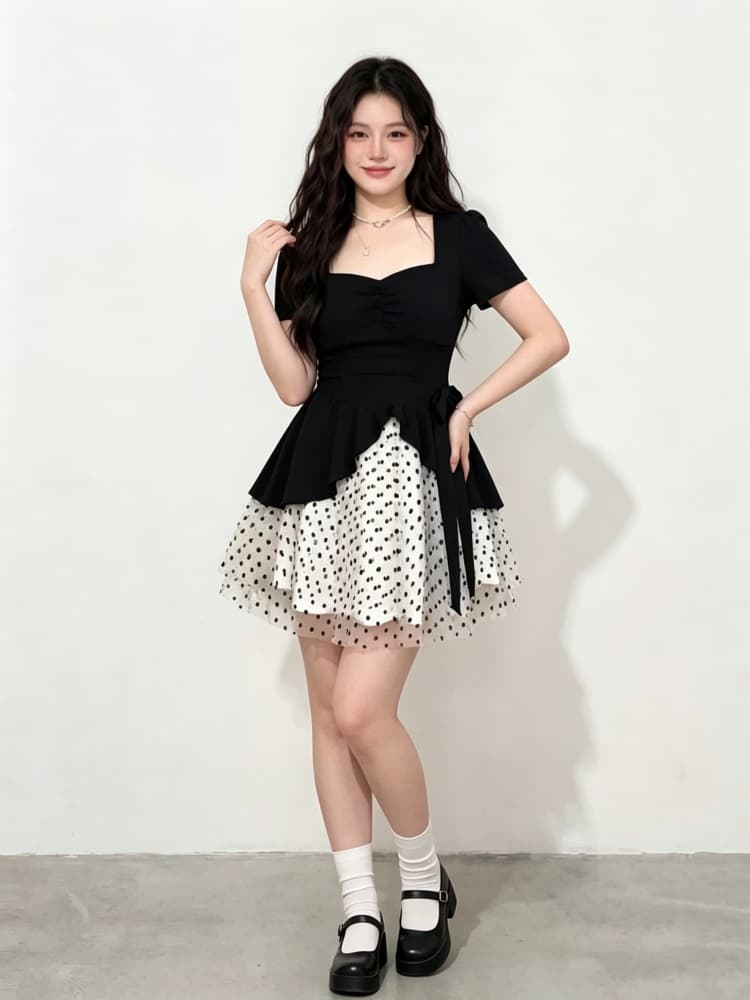 빅 사이즈 프랑스식 그는 벤 바람 드레스 여름 지방 mm 슬림해 보이는 페이크 레이어드 광장 칼라 고급 센스 도트 무늬 패치워크 치마 상세 이미지 6