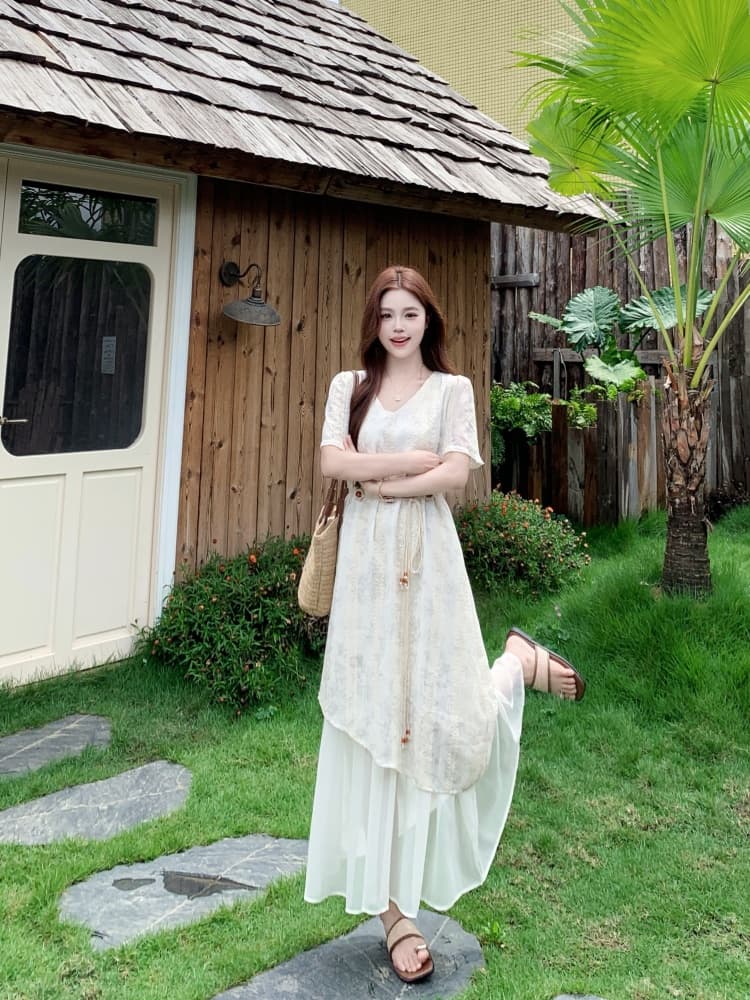 빅 사이즈 여성 의류 작은 대중 디자인 센스 페이크 레이어드 허리 수축 드레스 2026 여름 새로운 보헤미안 바람 롱 스커트 상세 이미지 9