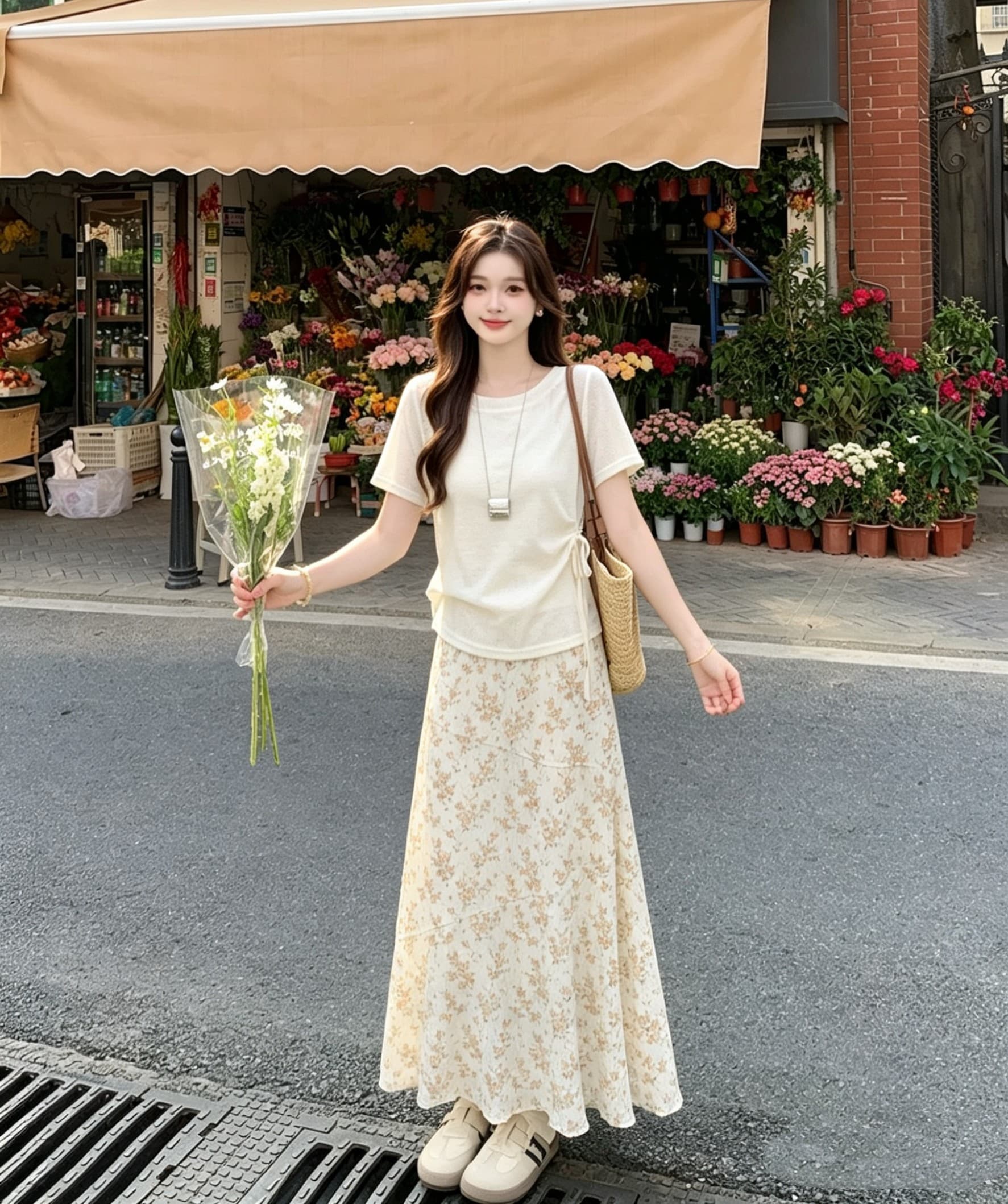 빅 사이즈 지방 mm 한 부서 작은 청신 세트 여성 여름 슬립 반팔 스트랩 맨위 꽃무늬 반신 스커트 3종 세트 이미지 5