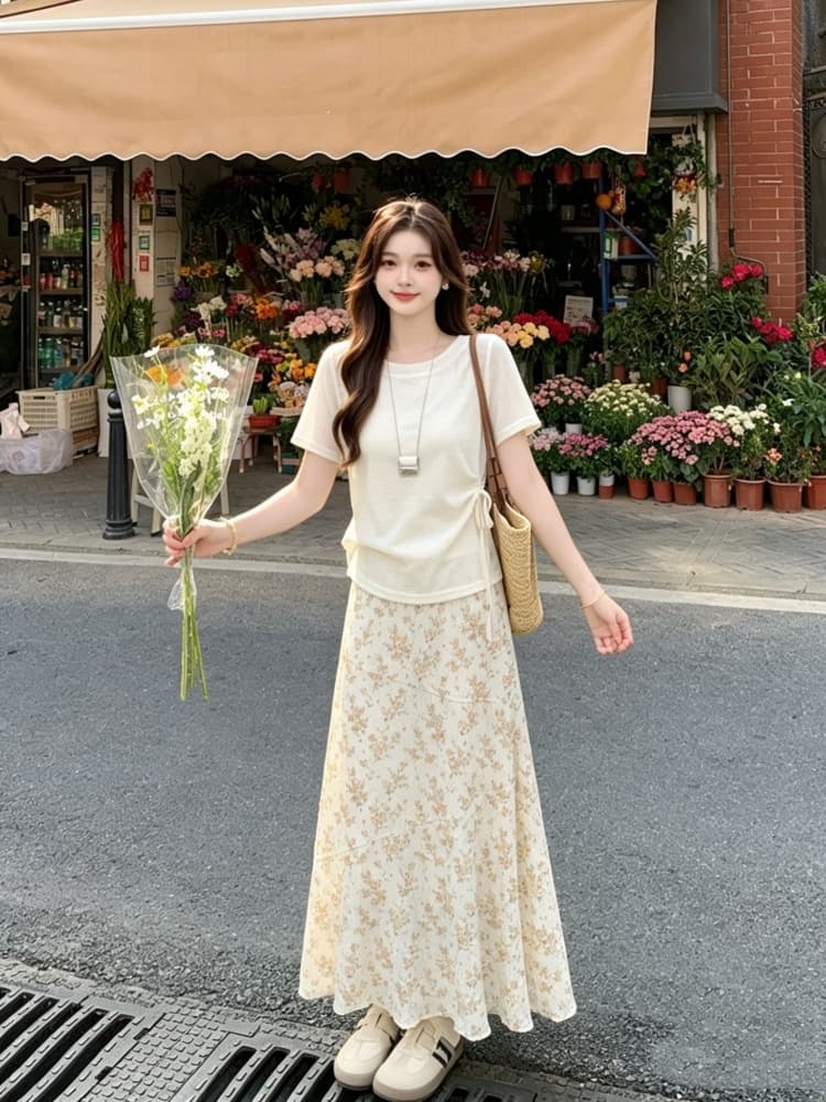 빅 사이즈 지방 mm 한 부서 작은 청신 세트 여성 여름 슬립 반팔 스트랩 맨위 꽃무늬 반신 스커트 3종 세트 상세 이미지 6