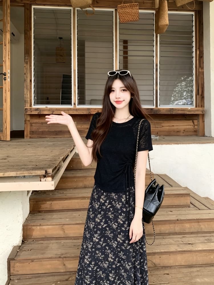 빅 사이즈 지방 mm 한 부서 작은 청신 세트 여성 여름 슬립 반팔 스트랩 맨위 꽃무늬 반신 스커트 3종 세트 상세 이미지 11