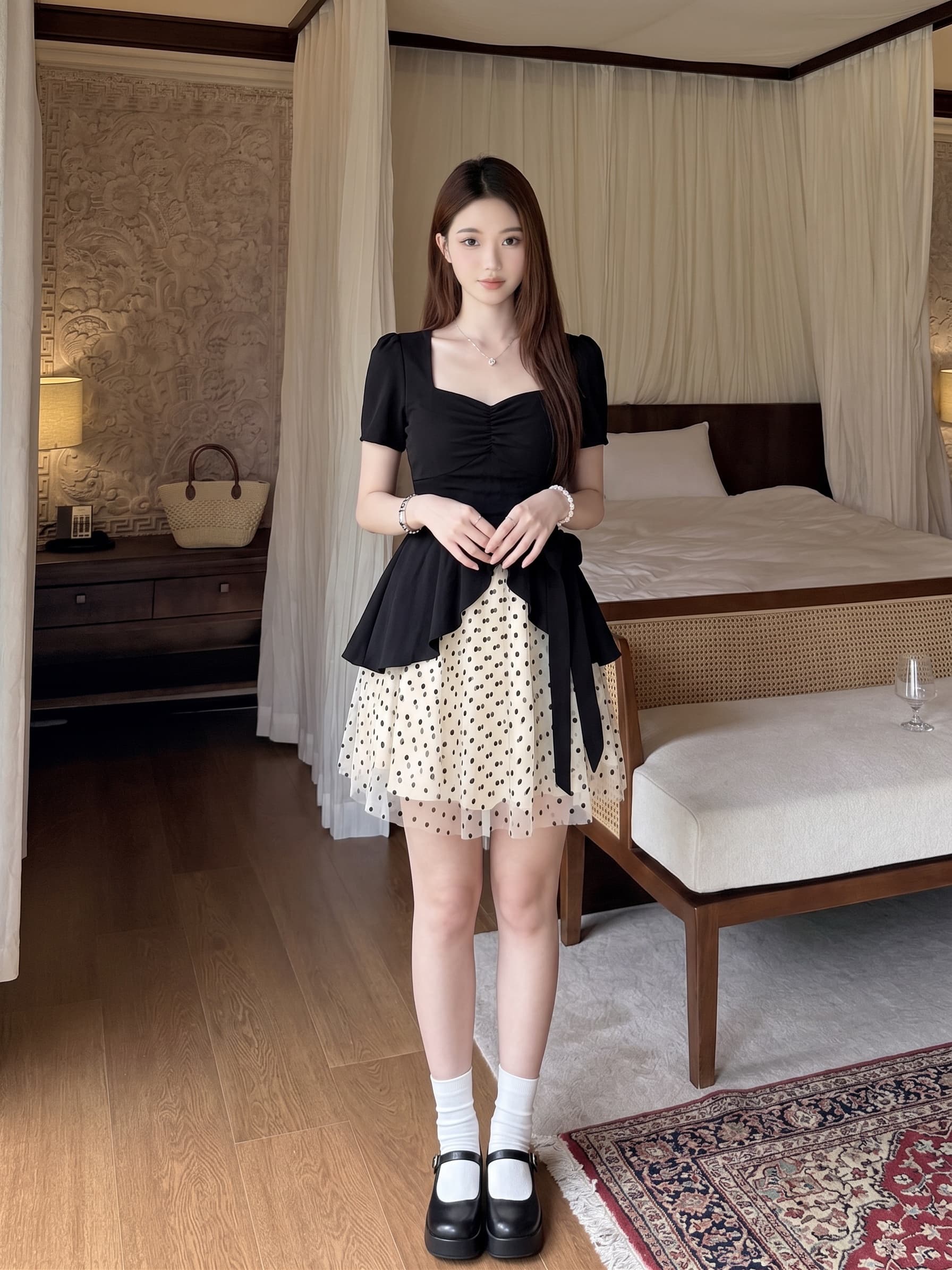 빅 사이즈 프랑스식 그는 벤 바람 드레스 여름 지방 mm 슬림해 보이는 페이크 레이어드 광장 칼라 고급 센스 도트 무늬 패치워크 치마 이미지 3