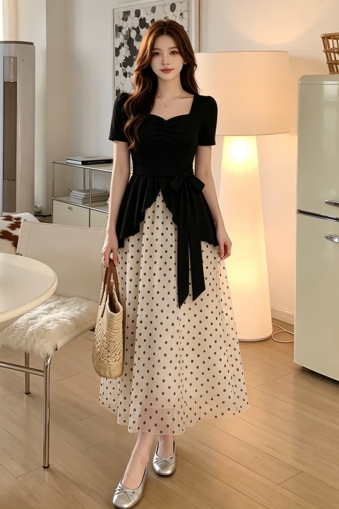 빅 사이즈 프랑스식 그는 벤 바람 드레스 여름 지방 mm 슬림해 보이는 페이크 레이어드 광장 칼라 고급 센스 도트 무늬 패치워크 치마 이미지 7