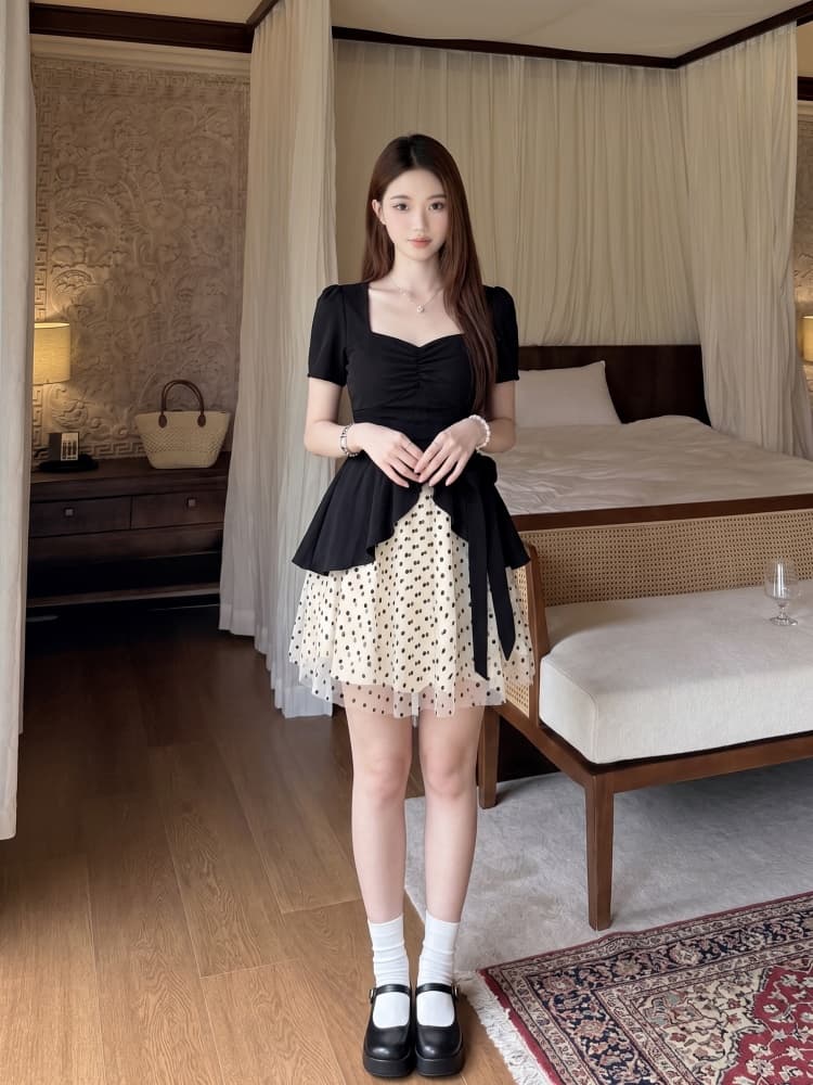 빅 사이즈 프랑스식 그는 벤 바람 드레스 여름 지방 mm 슬림해 보이는 페이크 레이어드 광장 칼라 고급 센스 도트 무늬 패치워크 치마 상세 이미지 5