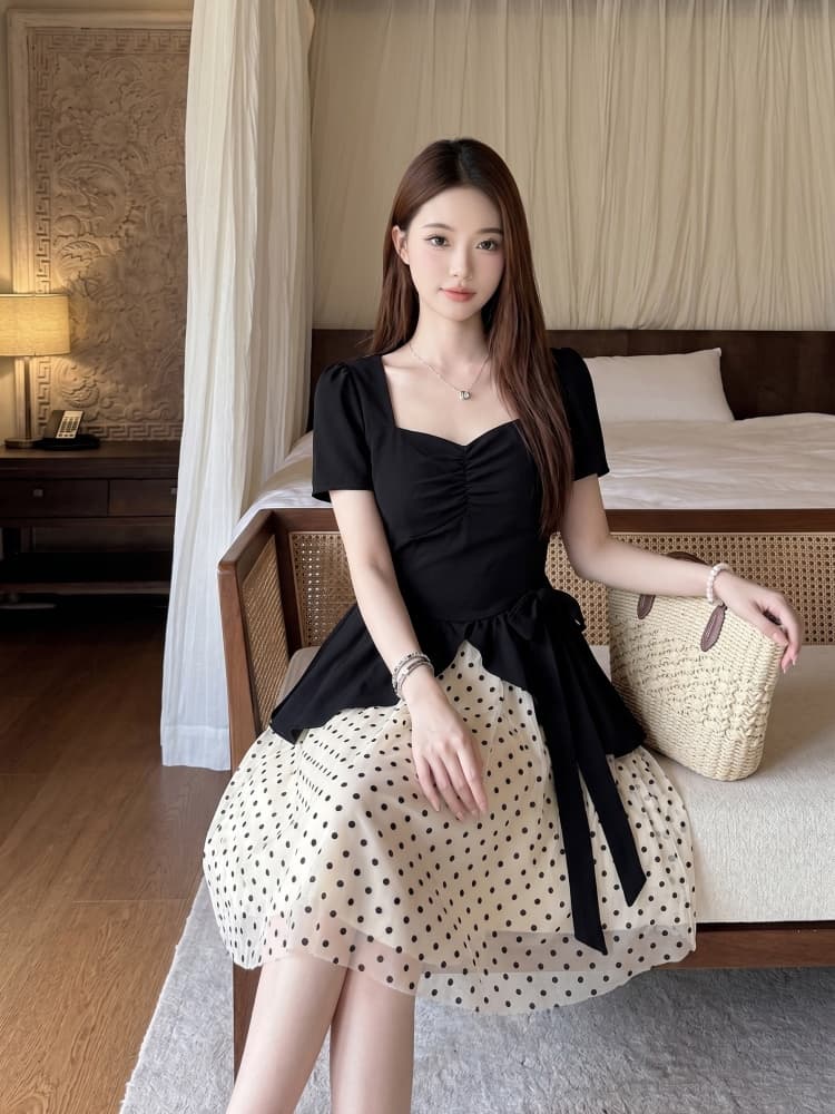 빅 사이즈 프랑스식 그는 벤 바람 드레스 여름 지방 mm 슬림해 보이는 페이크 레이어드 광장 칼라 고급 센스 도트 무늬 패치워크 치마 상세 이미지 7