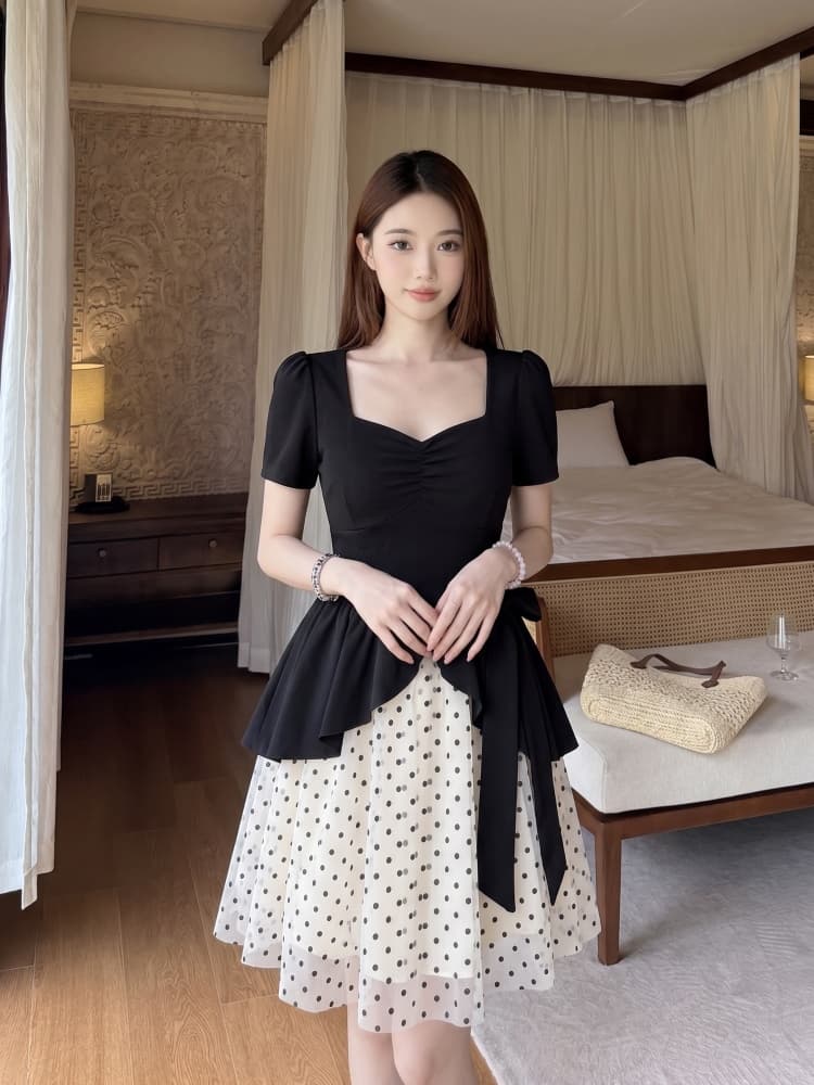빅 사이즈 프랑스식 그는 벤 바람 드레스 여름 지방 mm 슬림해 보이는 페이크 레이어드 광장 칼라 고급 센스 도트 무늬 패치워크 치마 상세 이미지 10