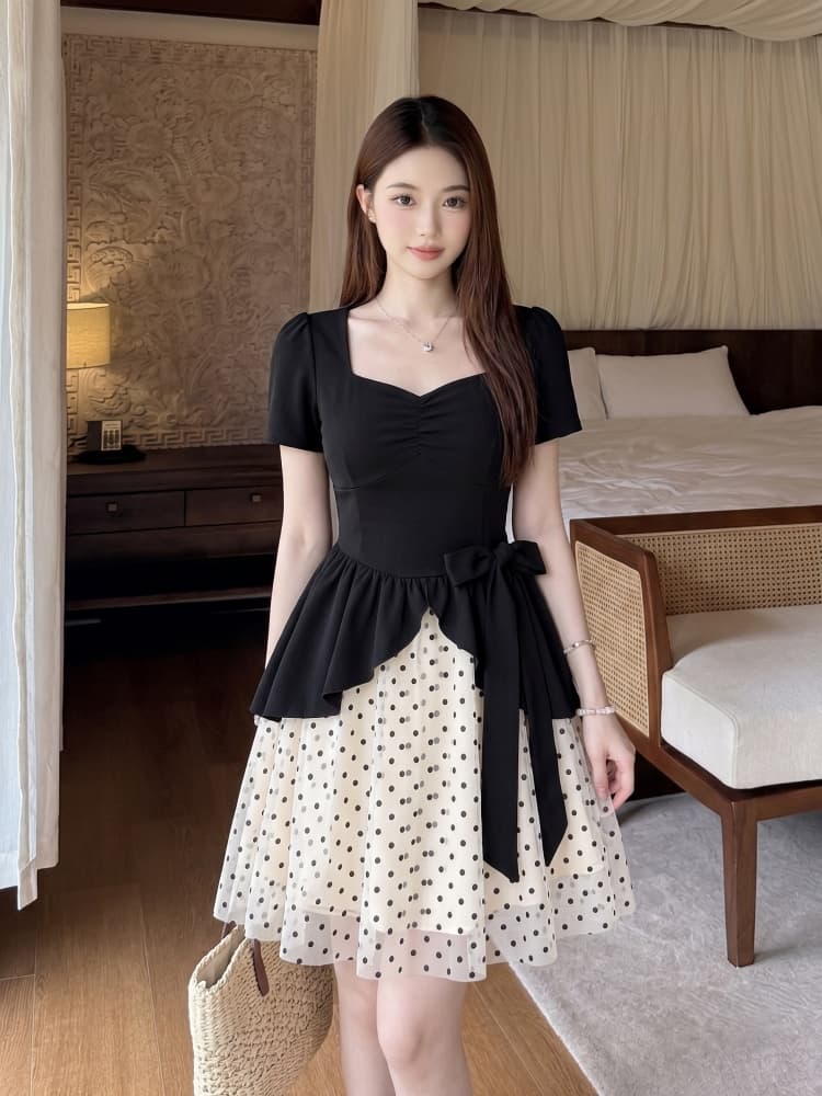 빅 사이즈 프랑스식 그는 벤 바람 드레스 여름 지방 mm 슬림해 보이는 페이크 레이어드 광장 칼라 고급 센스 도트 무늬 패치워크 치마 상세 이미지 11